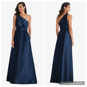 Alfred Sung D815S One Shoulder Satin Twill Gown Midnight Navy 8